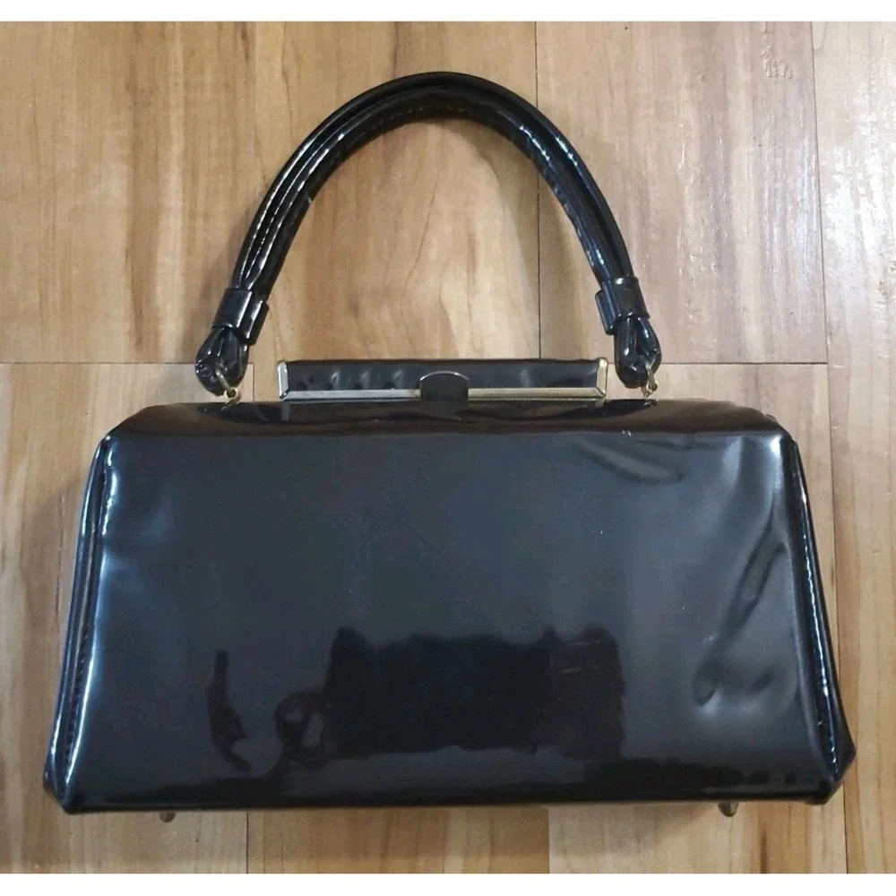Vintage Dover Black Patent Vinyl Handbag Purse USA Made MCM